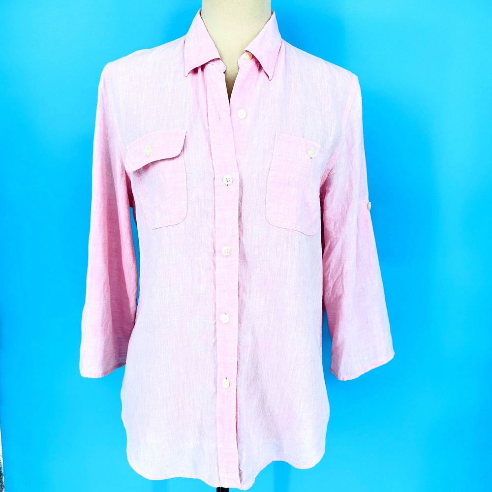 Lauren Ralph Lauren Pink 100% Linen Roll‎ Tab Sleeve Button Down Shirt Petite L